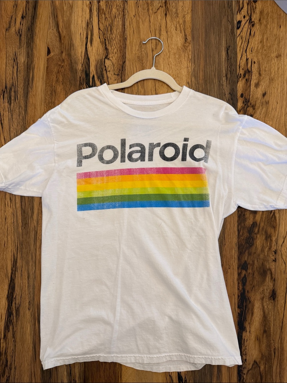 Polaroid White Tee with Multicolor Rainbow Stripes
